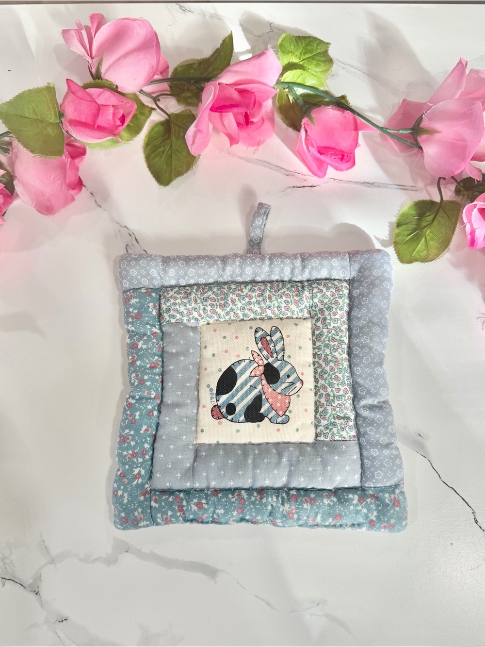 Quilted Bunny Rabbit Potholder Patchwork Blue Floral Country Cottagecore Hot Pad